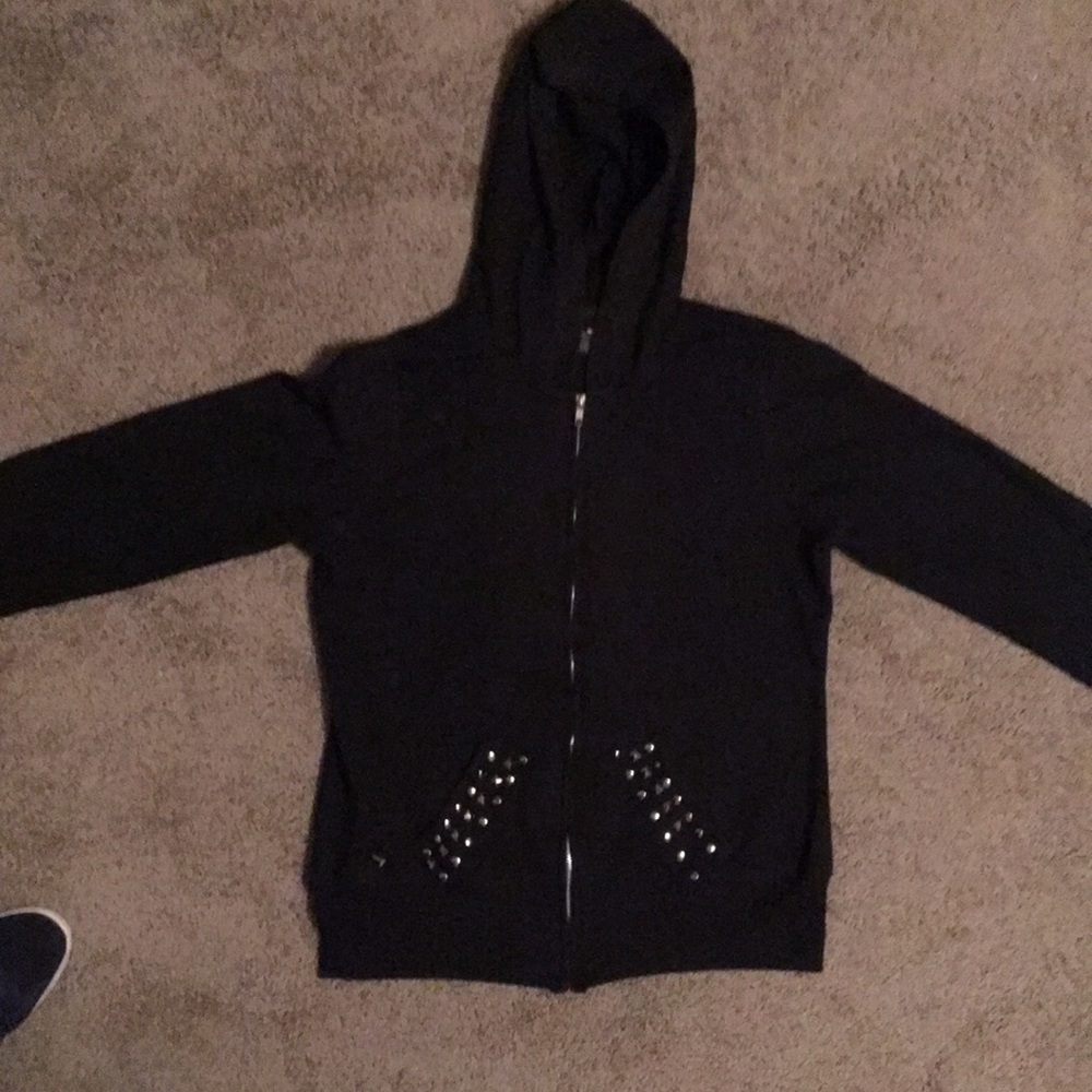 Black Hoodie with Studded Pockets. Made by Threads
